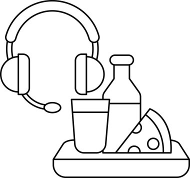 Bir bardak süt, bir şişe meyve suyu, bir dilim pizza ve bir fincan ile bir tepsinin beyaz ve siyah çizimi. Tepsi bir masaya konur ve eşyalar düzgünce yerleştirilir.