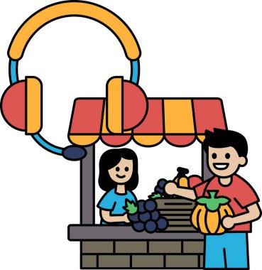 Bir erkek ve bir kadın bir dükkanın önünde meyve ve sebze satıyorlar. Adam bir balkabağı tutuyor ve kadın bir sepet meyve tutuyor.