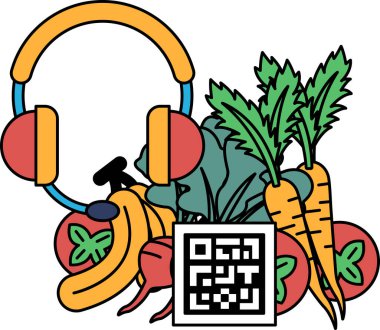 Kulaklık takan ve sebzelerle çevrili bir insan resmi. Sebzeler arasında havuç, brokoli ve bir muz yer alıyor.