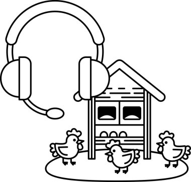 Evi ve mikrofonu olan bir tavuk çiftliğinin çizgi filmi. Tavuklar çiftliğin etrafında yürüyorlar ve ev arka planda.