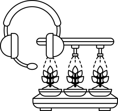 Mikrofonu ve kulaklığı olan bir bitkinin siyah beyaz çizimi. Bu çizim, serada büyüyen bir bitkinin bir spreyle çizimi.
