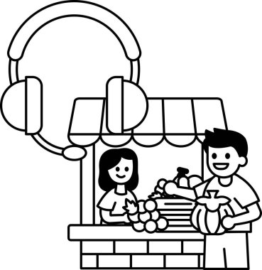 Bir erkek ve bir kadın bir dükkanın önünde meyve ve sebze satıyorlar. Adam bir balkabağı tutuyor ve kadın bir sepet meyve tutuyor.