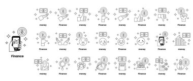 Çeşitli finansal kavramların bir dizi siyah beyaz görüntüsü. Görüntüler bir şebekeye yerleştiriliyor ve para, finans ve bankacılık gibi şeyleri içeriyor. Resimlerin genel havası ciddi.