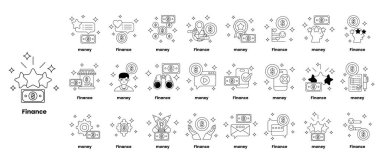 Finans için bir dizi siyah beyaz simge. Simgeler arasında bir dolar işareti, bir çek, bir bozuk para, bir cüzdan, bir güneş gözlüğü, bir kişi, bir ağaç, bir ev, bir araba, bir kitap, bir bilgisayar,