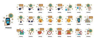 Çeşitli finansal kavramların bir dizi siyah beyaz görüntüsü. Görüntüler bir şebekeye yerleştiriliyor ve para, finans ve bankacılık gibi şeyleri içeriyor. Resimlerin genel havası ciddi.