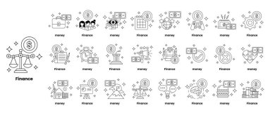 Finansla ilgili semboller ve kelimeler koleksiyonu. Semboller arasında bir denge terazisi, bir dolar işareti ve bir insan var. Sözcükler arasında 