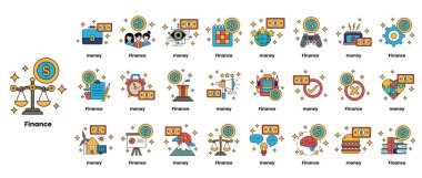 Finansla ilgili semboller ve kelimeler koleksiyonu. Semboller arasında bir denge terazisi, bir dolar işareti ve bir insan var. Sözcükler arasında 