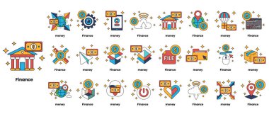 Çeşitli finansal sembollerin bir dizi siyah beyaz çizimi. Çizimler bir ızgara içinde düzenlenir ve 