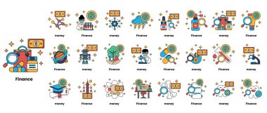 Para ve finansın bir dizi siyah beyaz görüntüsü. Resimler bir ızgarada düzenlenir ve çeşitli sembol ve şekiller içerir. Görüntünün amacı para ve finans kavramını aktarmak.