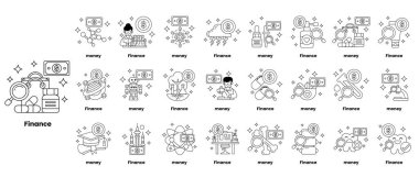 Para ve finansın bir dizi siyah beyaz görüntüsü. Resimler bir ızgarada düzenlenir ve çeşitli sembol ve şekiller içerir. Görüntünün amacı para ve finans kavramını aktarmak.