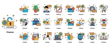 Bir ızgarada bir dizi sembol ve sözcük gösterilir. Sözcükler finans ile ilgilidir ve para, finans ve zenginlik gibi terimleri içerir. Semboller soyut ve daireler gibi şekiller içeriyor.