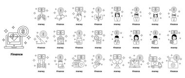 Finans için siyah beyaz ikonlar koleksiyonu. Simgeler bir şebekeye yerleştirilmiş ve para, finans ve para akışı gibi şeyleri içeriyor