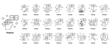Finansla ilgili bir dizi siyah beyaz simge. Simgeler arasında bir dolar işareti, bir çek, bir kredi kartı ve bir ev var.