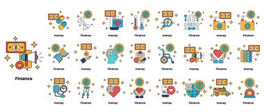 Finansla ilgili bir dizi soyut sembol ve sayılar. Semboller bir ızgarada düzenlenir ve çeşitli şekil ve çizgiler içerir. Karmaşıklık ve organizasyon kavramı