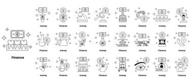 Finans için bir dizi siyah beyaz simge. İkonlar arasında bir ev, bir bina, bir ağaç, bir araba, bir insan, bir diş fırçası, bir fincan, bir kaşık, bir çatal, bir bıçak, bir kase, bir bardak, bir diş fırçası, bir diş fırçası yer alıyor.