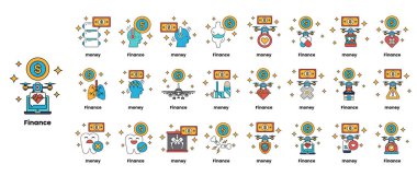 Parayla ilgili ikonlar koleksiyonu. Bazı simgeler arasında bir dolar işareti, bir kredi kartı, bir banka ve bir bilgisayar yer alıyor.