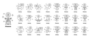 Parayla ilgili ikonlar koleksiyonu. Bazı simgeler arasında bir dolar işareti, bir kredi kartı, bir banka ve bir bilgisayar yer alıyor.
