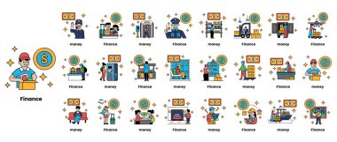 Finansla ilgili insanların ve nesnelerin siyah beyaz bir koleksiyonu. Resimler bir şebeke içinde düzenlenir ve para, finans ve finans gibi çeşitli finansal terimleri içerir