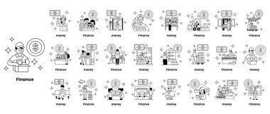 Finansla ilgili insanların ve nesnelerin siyah beyaz bir koleksiyonu. Resimler bir şebeke içinde düzenlenir ve para, finans ve finans gibi çeşitli finansal terimleri içerir