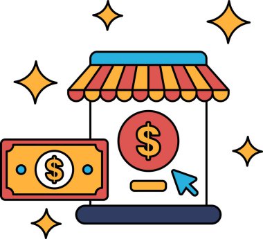 Üzerinde dolar işareti olan bir mağazanın siyah beyaz çizimi. Bir dolarlık banknot da gösteriliyor