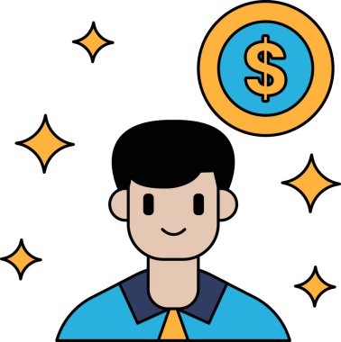 Kafasında dolar işareti olan bir adam. Dolar işareti yıldızlarla çevrili. Adam gülümsüyor.