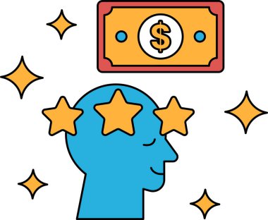 Kafasında bir dolarlık banknot olan bir adam. Dolar banknotunun etrafı yıldızlarla çevrili. Zenginlik ve başarı kavramı