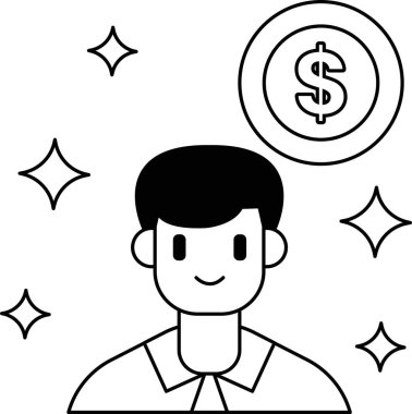 Kafasında dolar işareti olan bir adam. Dolar işareti yıldızlarla çevrili. Adam gülümsüyor.