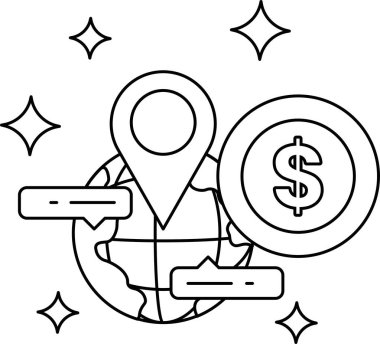 Bir dolar işareti ve dünya haritası olan bir küre çizimi. Dünya yıldızlarla çevrili ve dolar işareti ortada.