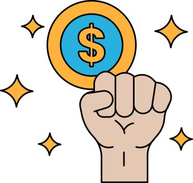 Bir el bir dolar işareti ve bir bozuk para tutuyor. Dolar işareti bir daire ile çevrilidir. Başarı ve zenginlik kavramı