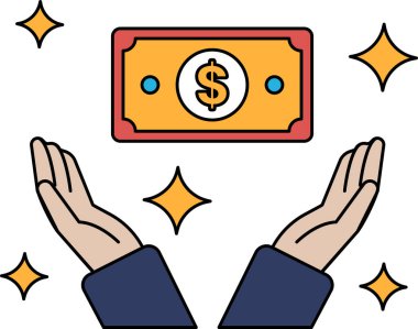 Üzerinde dolar işareti olan bir doları tutan bir el. Dolar banknotu iki elle tutuluyor, bu da zenginlik ve refah izlenimi veriyor. Mali güvenlik ve bolluk kavramı