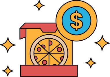 Üstünde dolar işareti olan bir pizza kutusu. Dolar işareti bir çemberle çevrili.