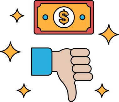 Üzerinde ok olan bir dolar banknot. Dolar banknotunun etrafı yıldızlarla çevrili. Dolar banknotu olumsuz ya da kötü bir şeyi temsil etmek için kullanılıyor.