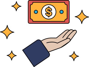 Üzerinde dolar işareti olan bir doları tutan bir el. Dolar banknotu havada duruyor, sanki başkasına veriliyormuş ya da başkasına veriliyormuş gibi. Cömertlik ve nezaket kavramı