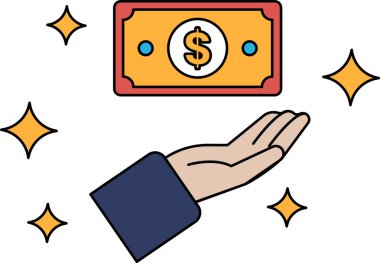 Bir el bir dolar tutuyor. Dolar banknotları yıldızlarla çevrili.