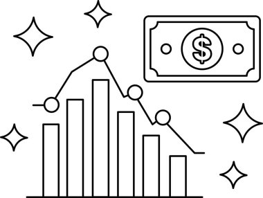 Aşağı doğru eğilimli ve dolar işareti olan bir grafik. Grafik siyah beyaz.