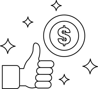 Bir dolar işaretini işaret eden bir el. Dolar işareti yıldızlarla çevrili, ona pozitif ve kutlama hissi veriyor.