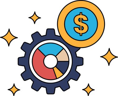 Üstünde dolar işareti olan bir vites. Dolar işareti yıldızlarla çevrili. Para kavramı ve finans dünyasında dişlilerin önemi