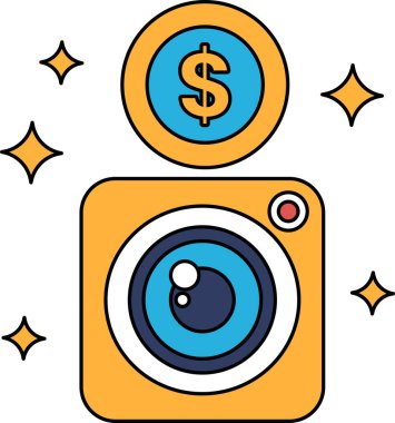 Kameranın üstünde bir dolar işareti var. Dolar işareti bir daire ile çevrilidir. Kamera küçük, siyah beyaz bir çizim.