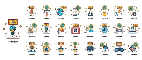 Finansla ilgili ikonlar koleksiyonu. Simgelerden bazıları arasında bir ampul, bir kitap, bir bilgisayar, bir masa, bir sandalye, bir klavye, bir fare, bir cep telefonu, bir dizüstü bilgisayar, bir hesap makinesi, bir saat yer alıyor.