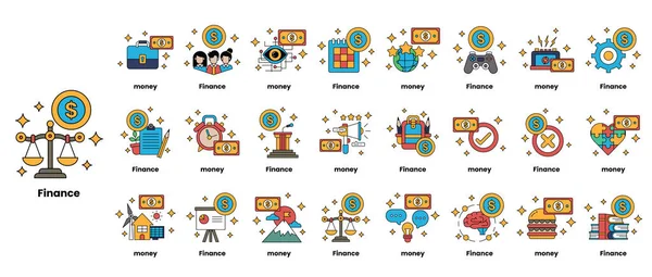 Finansla ilgili semboller ve kelimeler koleksiyonu. Semboller arasında bir denge terazisi, bir dolar işareti ve bir insan var. Sözcükler arasında 