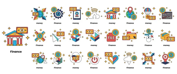 Çeşitli finansal sembollerin bir dizi siyah beyaz çizimi. Çizimler bir ızgara içinde düzenlenir ve 