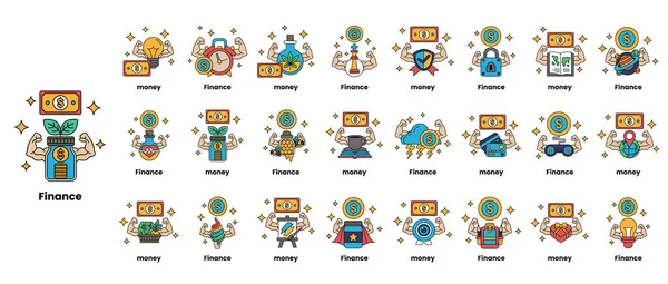 Finansla ilgili ikonlar koleksiyonu. Bazı simgeler arasında bir banka, bir hesap makinesi, bir saat ve bir dolar işareti yer alıyor.