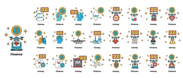 Parayla ilgili ikonlar koleksiyonu. Bazı simgeler arasında bir dolar işareti, bir kredi kartı, bir banka ve bir bilgisayar yer alıyor.