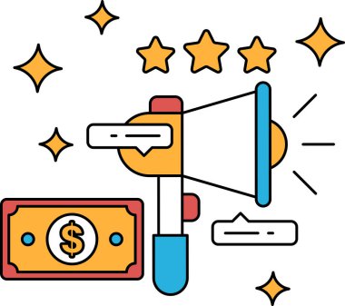 Bir dolar işareti ve bir yıldız olan bir kulaklık çizimi. Dolar işareti kulaklığın sol tarafında ve yıldız da sağ tarafında.