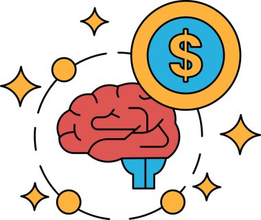 Yanında bir dolar işareti olan bir beyin. Bu görüntü beynin düzgün çalışması için paranın önemli olduğu fikrini temsil ediyor. Beyin vücudun merkezidir.