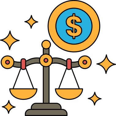 Üzerinde bir dolar işareti, altında da bir dolar işareti olan bir terazinin siyah beyaz çizimi.