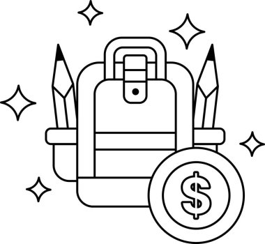 Üzerinde dolar işareti olan bir sırt çantası. Sırt çantası kalemler ve diğer okul malzemeleriyle dolu.