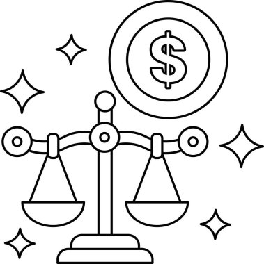 Üzerinde bir dolar işareti, altında da bir dolar işareti olan bir terazinin siyah beyaz çizimi.