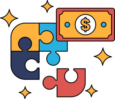 Üzerinde dolar işareti olan bir yapboz parçası. Yapboz parçasının bir parçası eksik ve dolar işareti yıldızlarla çevrili. Eksik parçalar ve paranın değeri kavramı