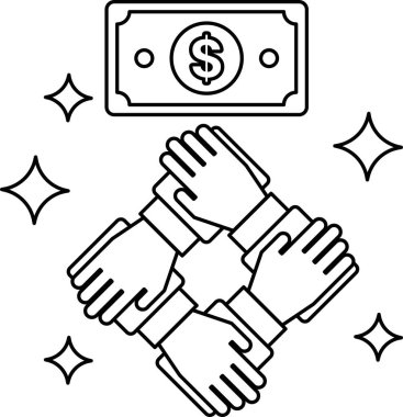 Bir dolar banknotunu tutan bir grup el. Dolar banknot elmas bir şekille çevrili.